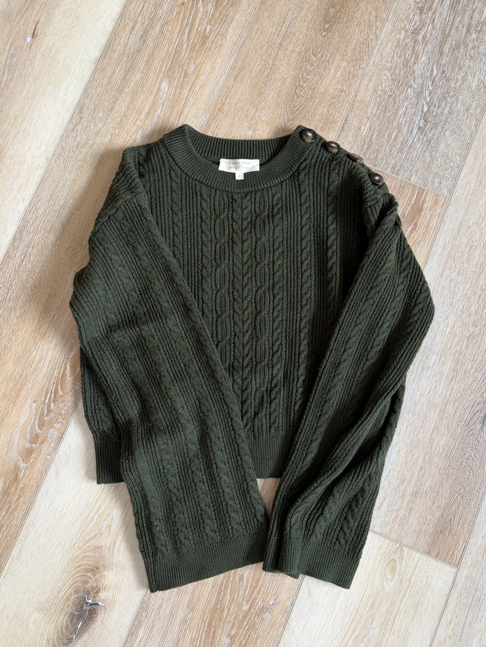 Sezane Olive Cable-Knit Crew Sweater with Shoulder Buttons